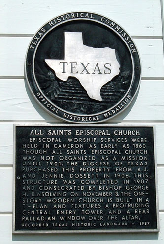 Photo of Historical Marker in front of the Cameron Episcopal Church in CameronTexas